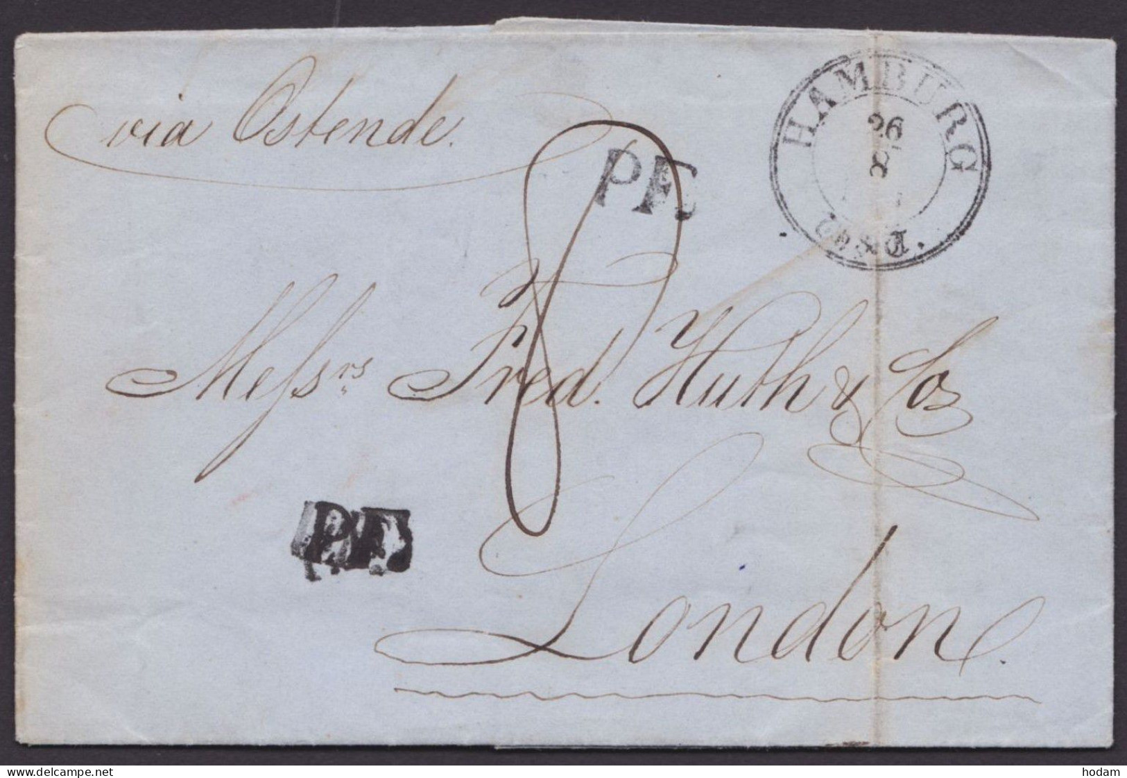 "Hamburg, Th. Und T.", K3, 1850, Tax. Brief Nach London Mit "P.D.", Rücks. Grüner K2 "Allemagne Par..." Mit Inhalt - Lettres & Documents