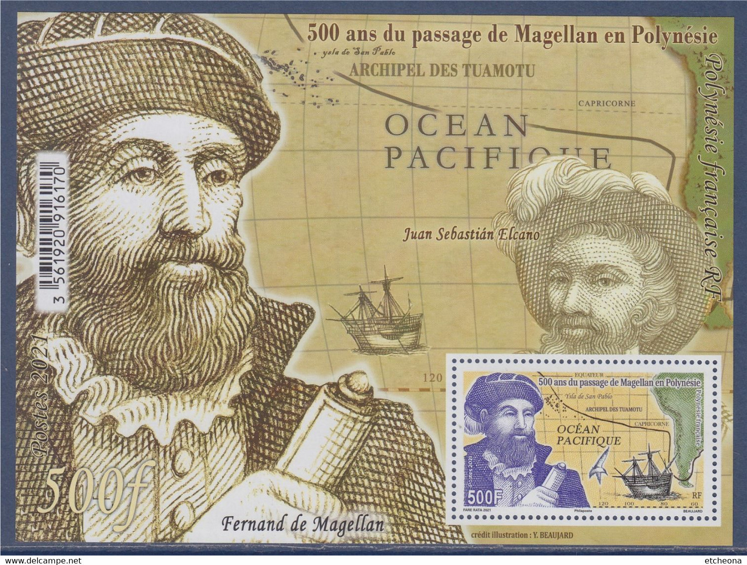 500 Ans Du Passage De Magelan En Polynésie Portrait De Fernand De Magellan Bloc 1 Timbre Neuf Dentelé 500F Soit 4,19€ - Blocchi & Foglietti