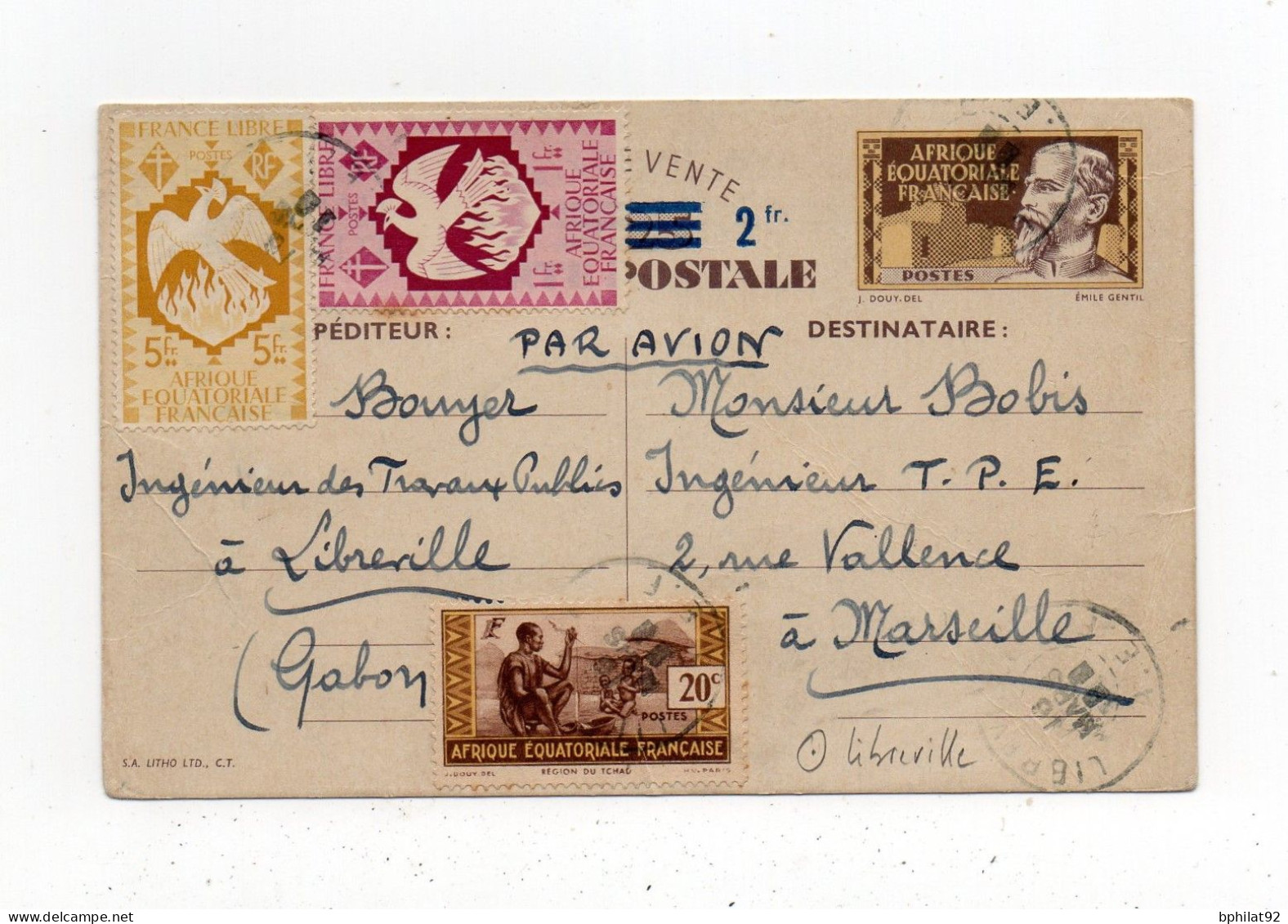 !!! AEF, ENTIER POSTAL PAR AVION DE LIBREVILLE POUR MARSEILLE DE 1945 - Cartas & Documentos