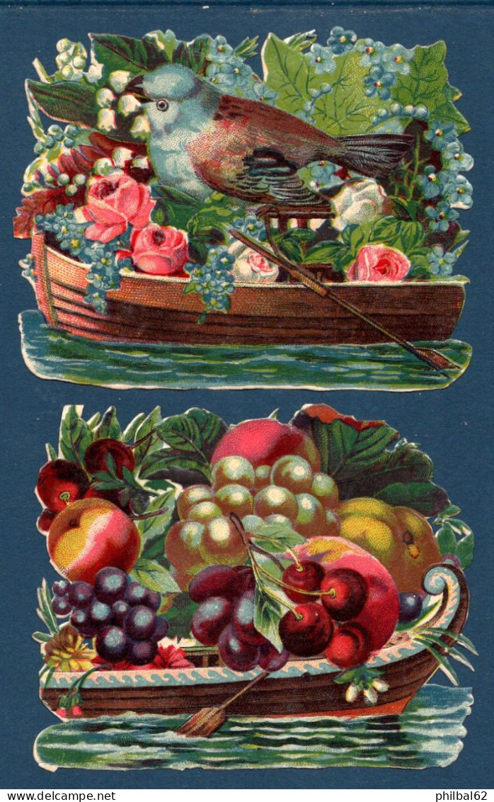 2 Découpis Format 12,5 X 10 Cm. Barque Avec Bouquet De Fleurs Et Oiseau ; Barque Remplie De Fruits. - Flowers