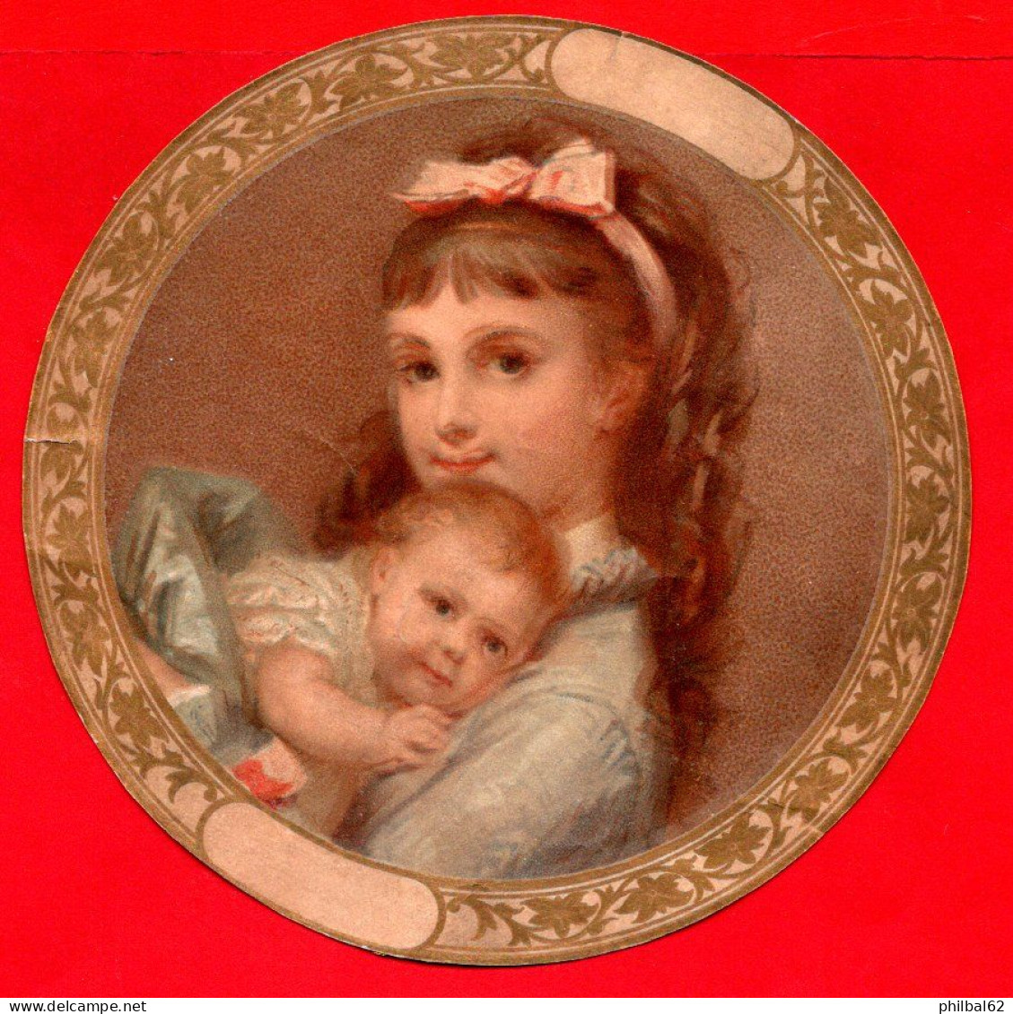 Découpis Médaillon, Diamètre 14,5 Cm. Fillette Tenant Un Bébé Dans Ses Bras. - Fleurs
