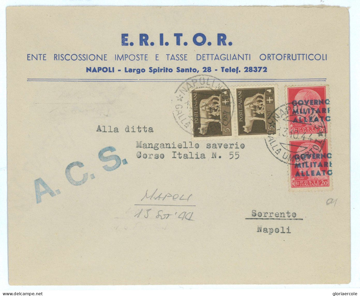 P2581 - ITALIA GOVERNO MILITARE ALLEATO, 20CENT. X 2 PLUS 0,05 REGNO, TARIFFA DI 0,50, 13.10.1944. - Anglo-Amerik. Bez.: Naples