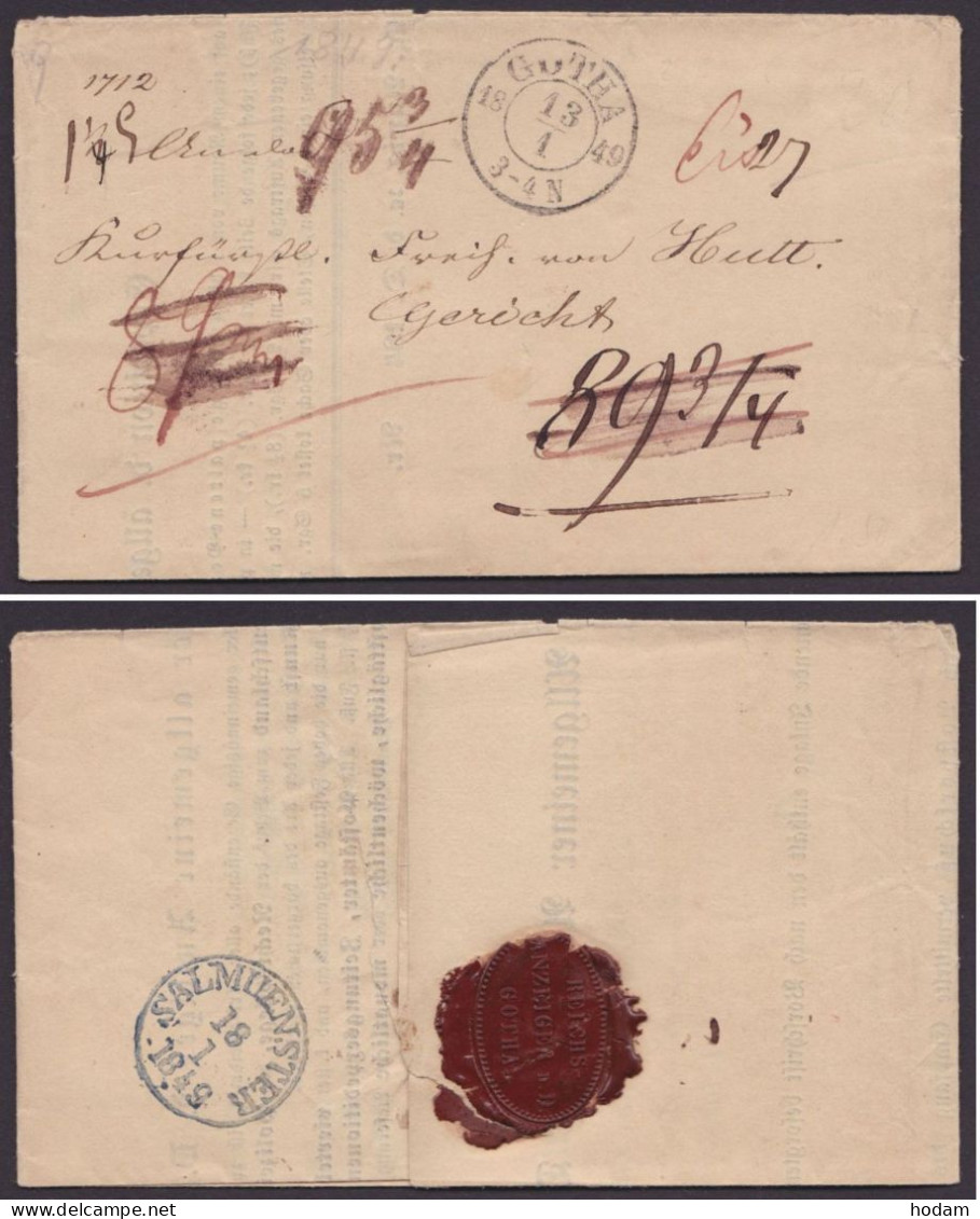 "Gotha", K2, 1849, Mehrf Tax. Brief Nach Rasthal, Rücks. Durchgangs-K1 "Salmuenster", Vorgedr. Rechnung, "Allg. Anzeiger - Cartas & Documentos