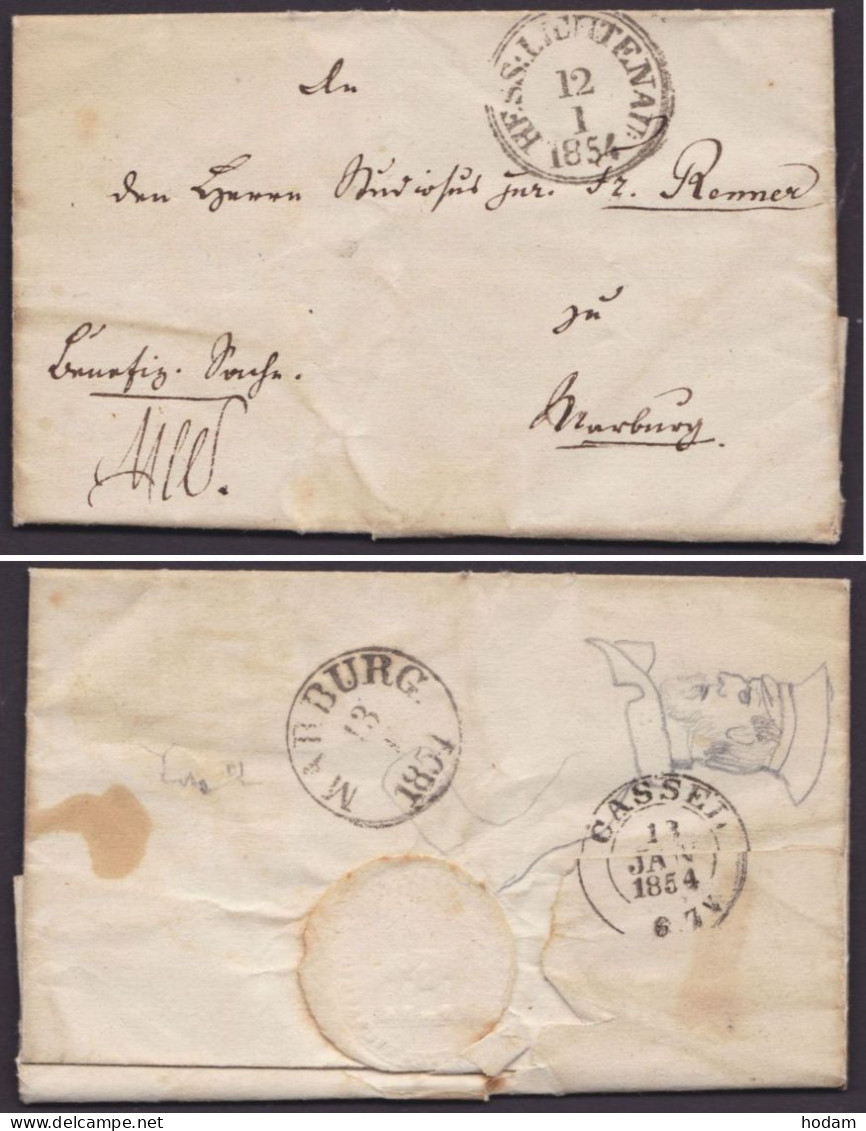 "Hess. Lichtenau", 1854, Brief Mit Inhalt Und Trockensiegel, Durchgang "Cassel", Ankunft "Marburg", "Benefiz-Sache" - Covers & Documents