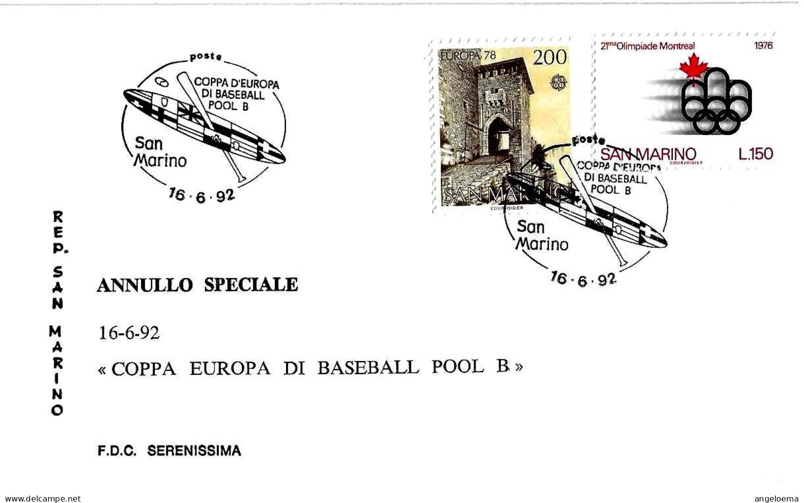 SAN MARINO - 1992 Coppa Europa Baseball Pool B Su Busta Serenissima - 3535 - Baseball