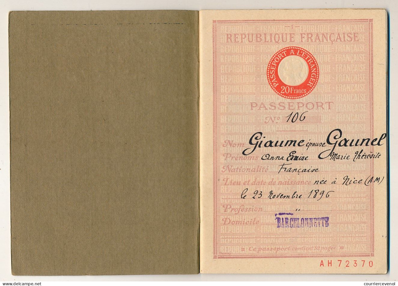 FRANCE - Passeport à L'étranger 20F Barcelonnette (Basses Alpes) 1932 - Photos Mère Et Enfant - Zonder Classificatie