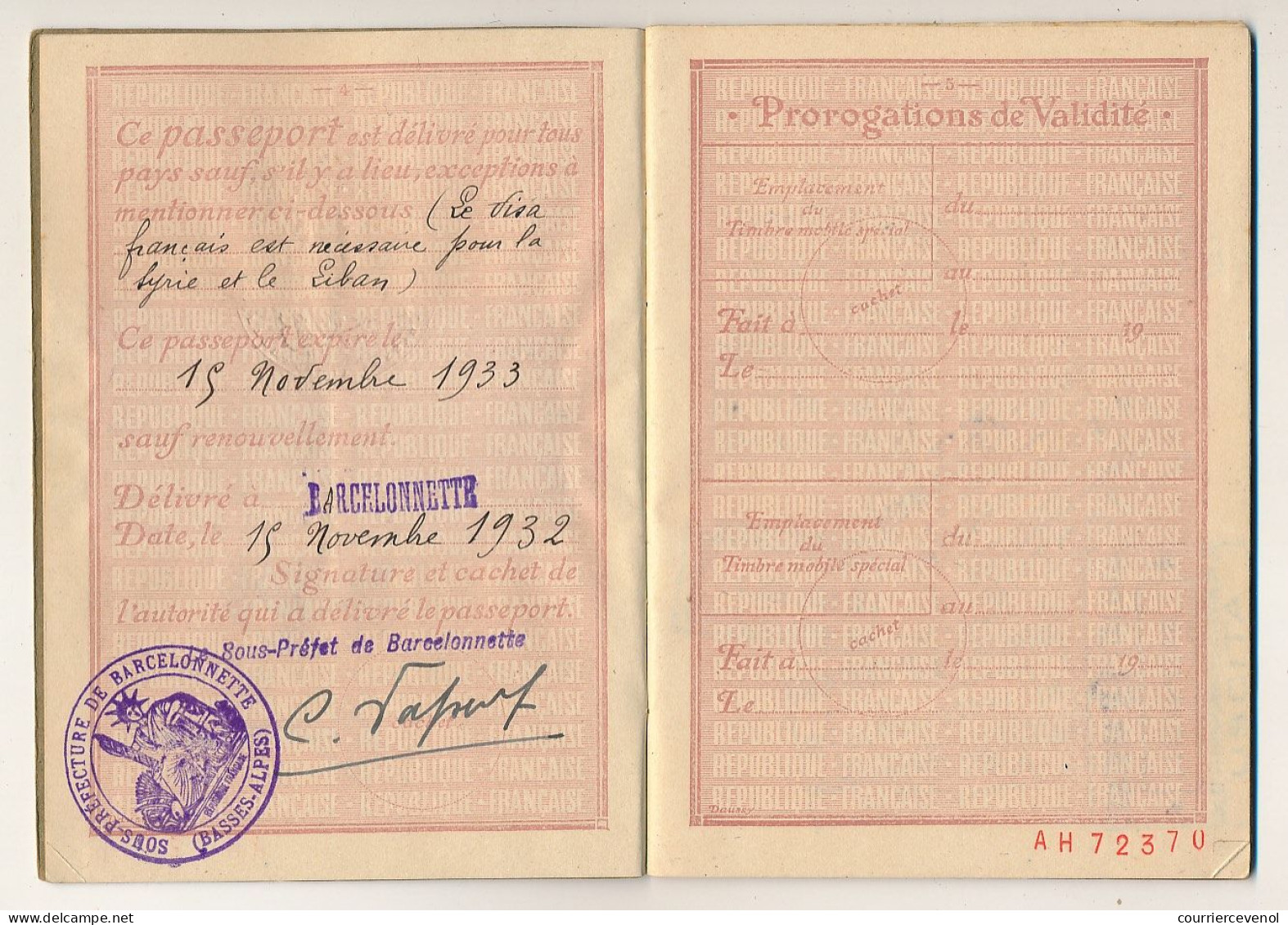 FRANCE - Passeport à l'étranger 20F Barcelonnette (Basses Alpes) 1932 - Photos mère et enfant