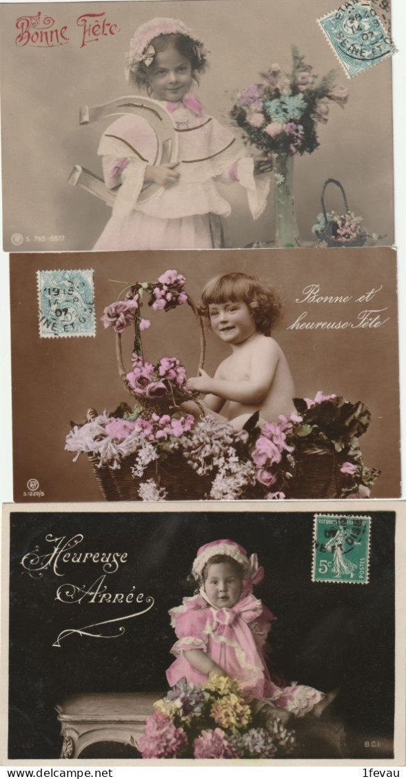 Lot De 3 CPA Fantaisie Fillettes Romantiques Et Fleurs Bonne Fête Et Heureuse Année 1907 - Collections & Lots