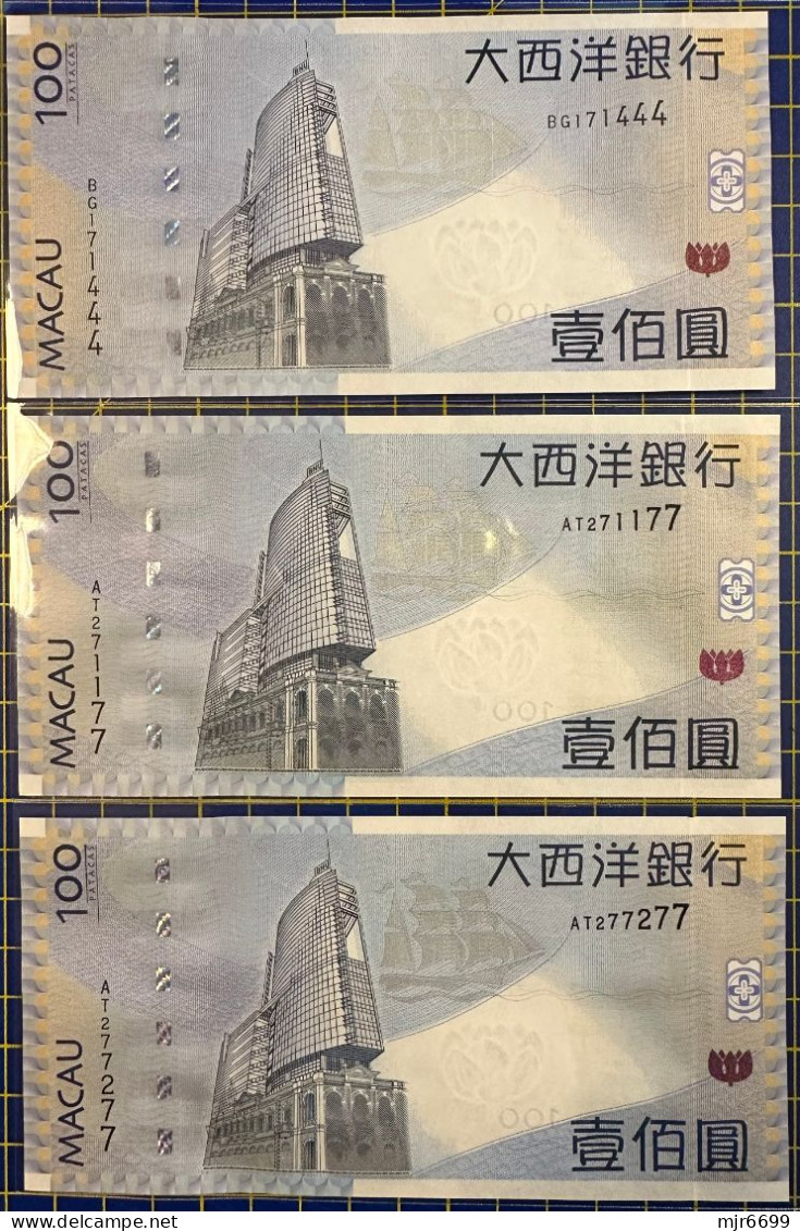 MACAU 2010 X 2 E 2013 X 1 - 100 PATACAS BNU UNC BANK NOTES. LOOK AT THE NUMBERS. - Macao