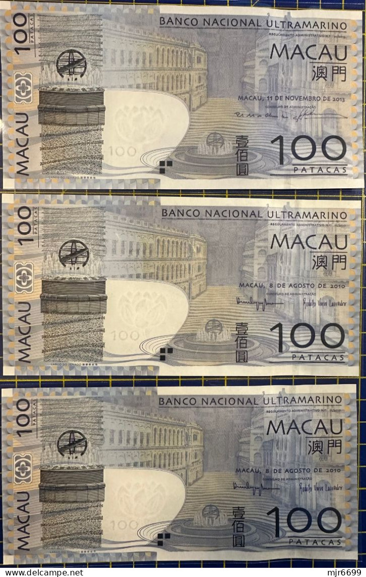 MACAU 2010 X 2 E 2013 X 1 - 100 PATACAS BNU UNC BANK NOTES. LOOK AT THE NUMBERS. - Macau