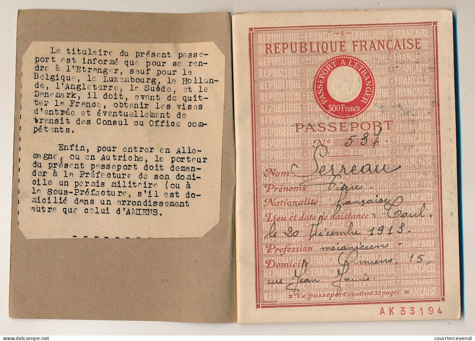 FRANCE - Passeport à L'étranger 500F - Amiens (Somme) - 1948 - Photos Père Et Fils - Zonder Classificatie