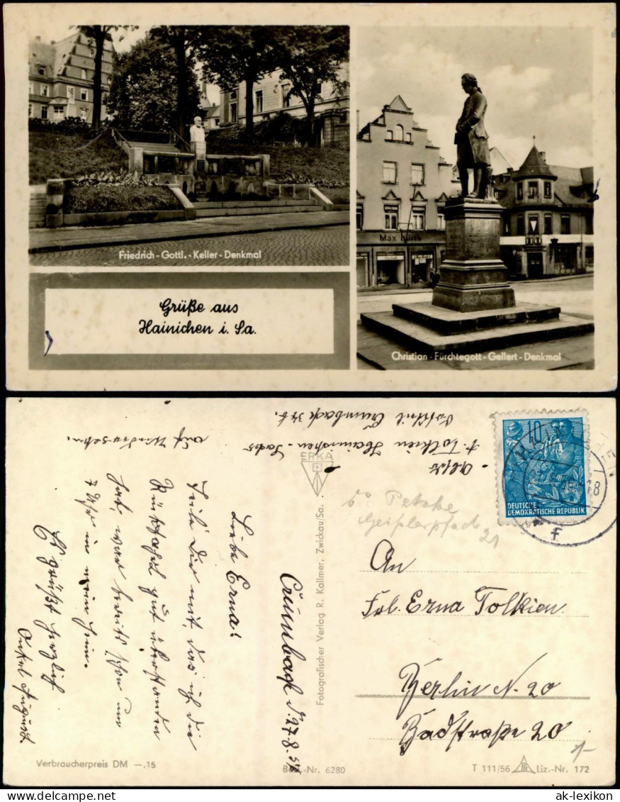 Ansichtskarte Hainichen 2 Bild: Friedrich-Gottl.-Keller-Denkmal 1956 - Hainichen