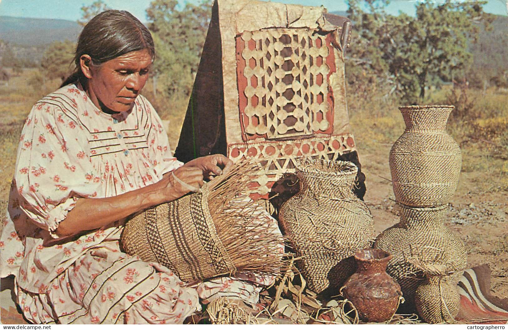 Ethnic Postcard Indian Basket Maker - America