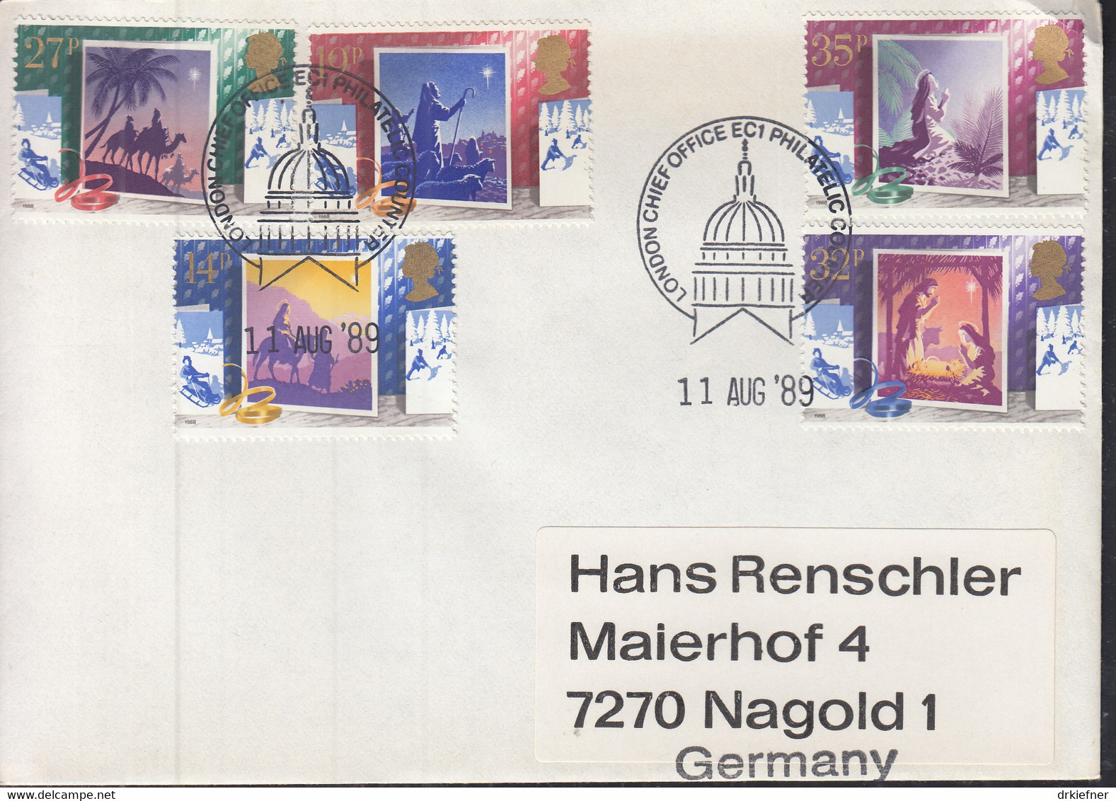 GROSSBRITANNIEN 1180-84 Auf Brief Gestempelt: London Philatelic Counter 11.AUG 1989, Weihnachten 1988 - Briefe U. Dokumente