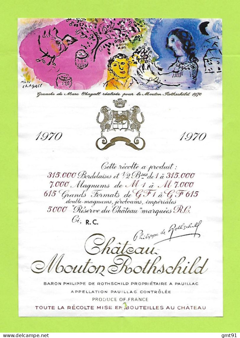 Etiquette Vin Chateau Mouton Rothschild 1970 Dessin De Marc CHAGALL - Rare - - Colecciones & Series