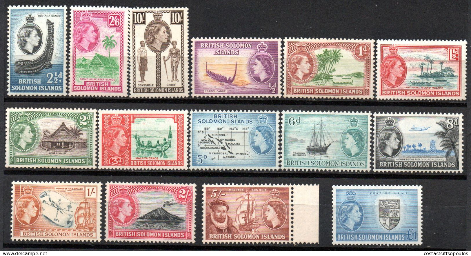 2344.SOLOMON DEFINITIVES 1956-1958 SG.82-96 (-90a,91b )15 VALUES MNH. FEW SLIGHTLY BICOLOURED GUM. - British Solomon Islands (...-1978)