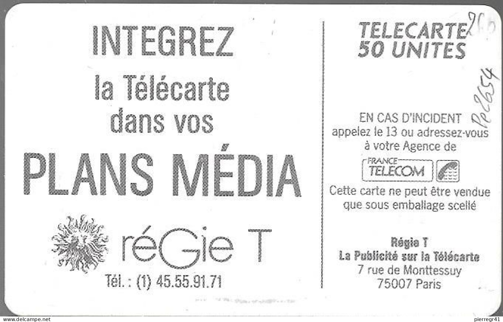 CARTE-PRIVEE-50U-So2-D260-REGIE T-Carte A PUB-R°Mat-N°4 Pe-2654-5000Ex-Utilisé-TBE-R°Le Leger Maculage Est D Origine - Telefoonkaarten Voor Particulieren