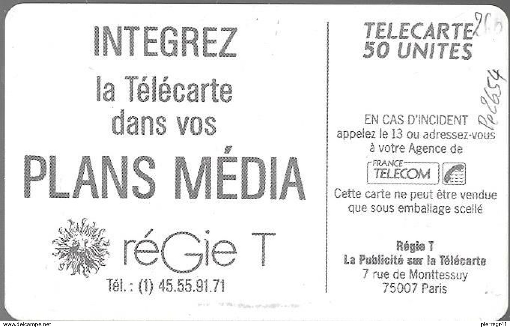 CARTE-PRIVEE-50U-So2-D260-REGIE T-Carte A PUB-R°Mat-N°4 Pe-2654-5000Ex-Utilisé-TBE-R°Le Leger Maculage Est D Origine - Privat