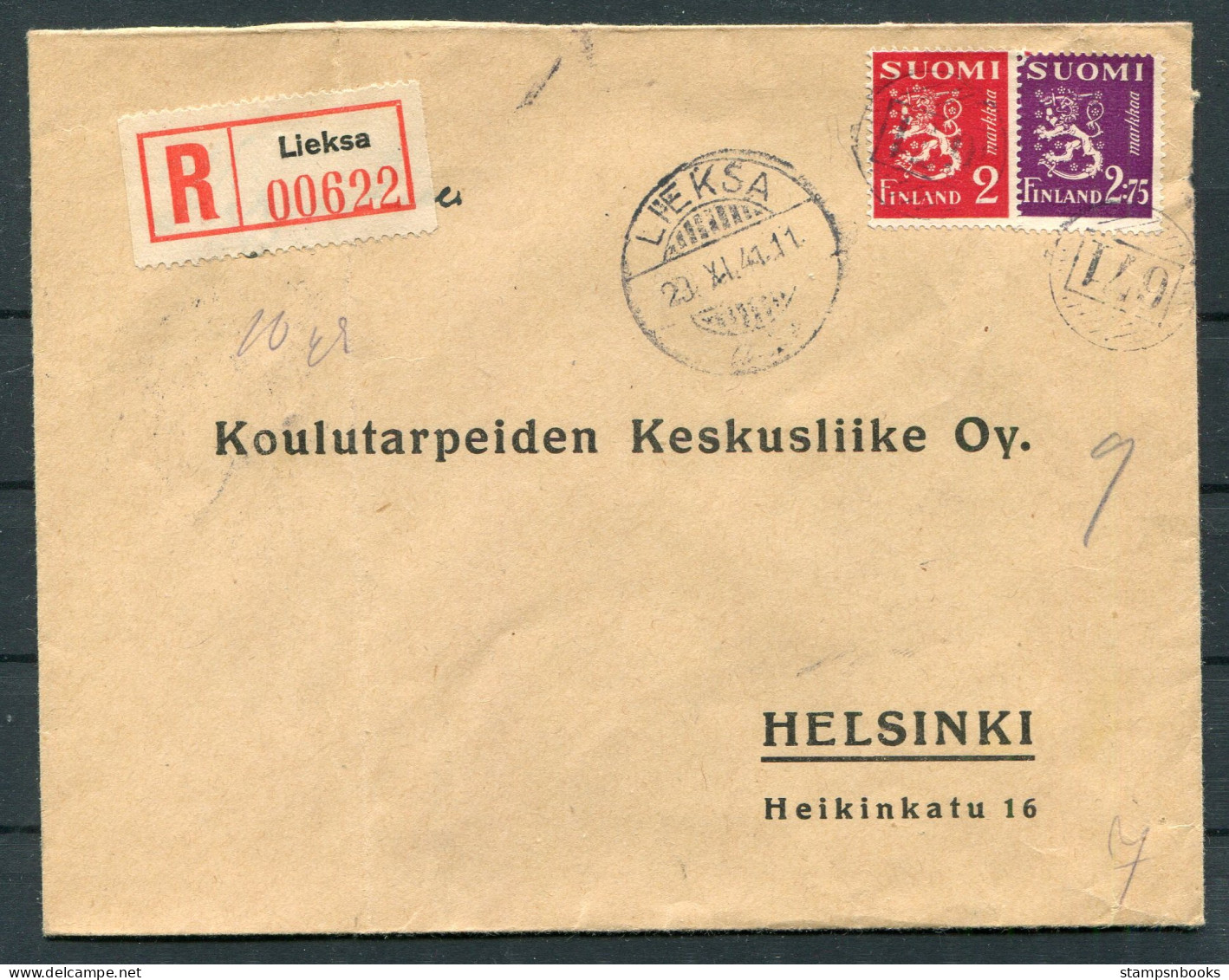 1941 Finland Registered Cover Lieksa - Helsinki. 671 Rural Mail Numeral  - Covers & Documents