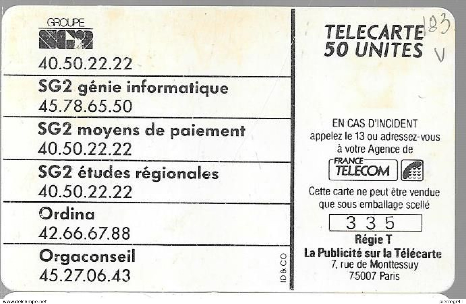 CARTE-PRIVEE-50U-GemA-D183-SG2-R°Mat-N°335--1000Ex-Utilisé-R° Usagé -V°TBE - Privat