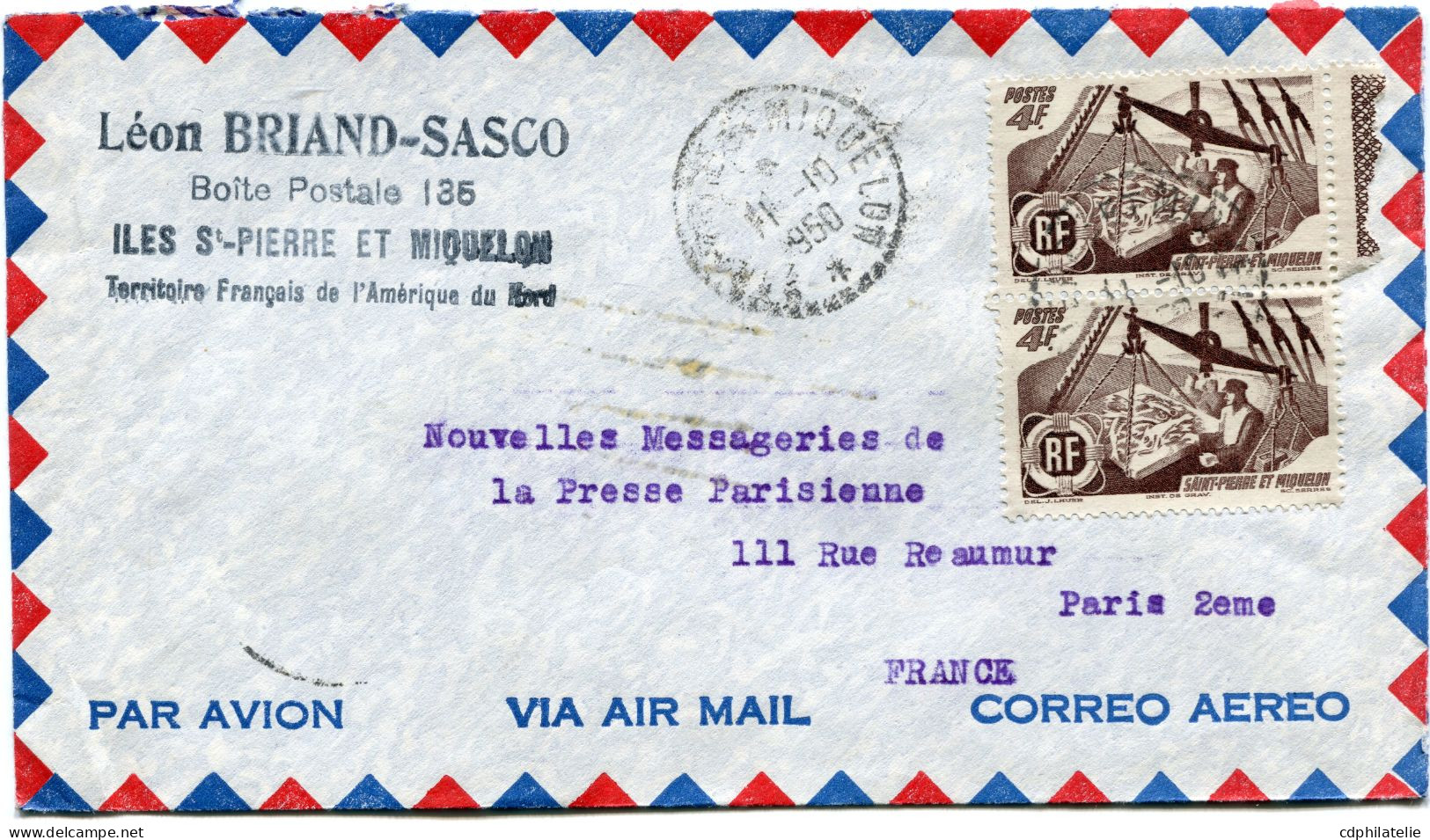 SAINT-PIERRE-ET-MIQUELON LETTRE PAR AVION DEPART ST PIERRE ET MIQUELON 11-10-1950 POUR LA FRANCE - Storia Postale