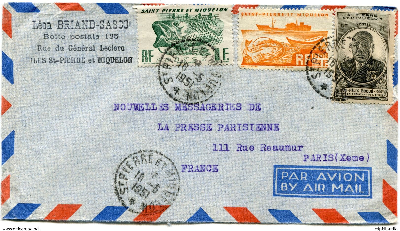 SAINT-PIERRE-ET-MIQUELON LETTRE PAR AVION DEPART ST PIERRE ET MIQUELON 16-5-1951 POUR LA FRANCE - Covers & Documents