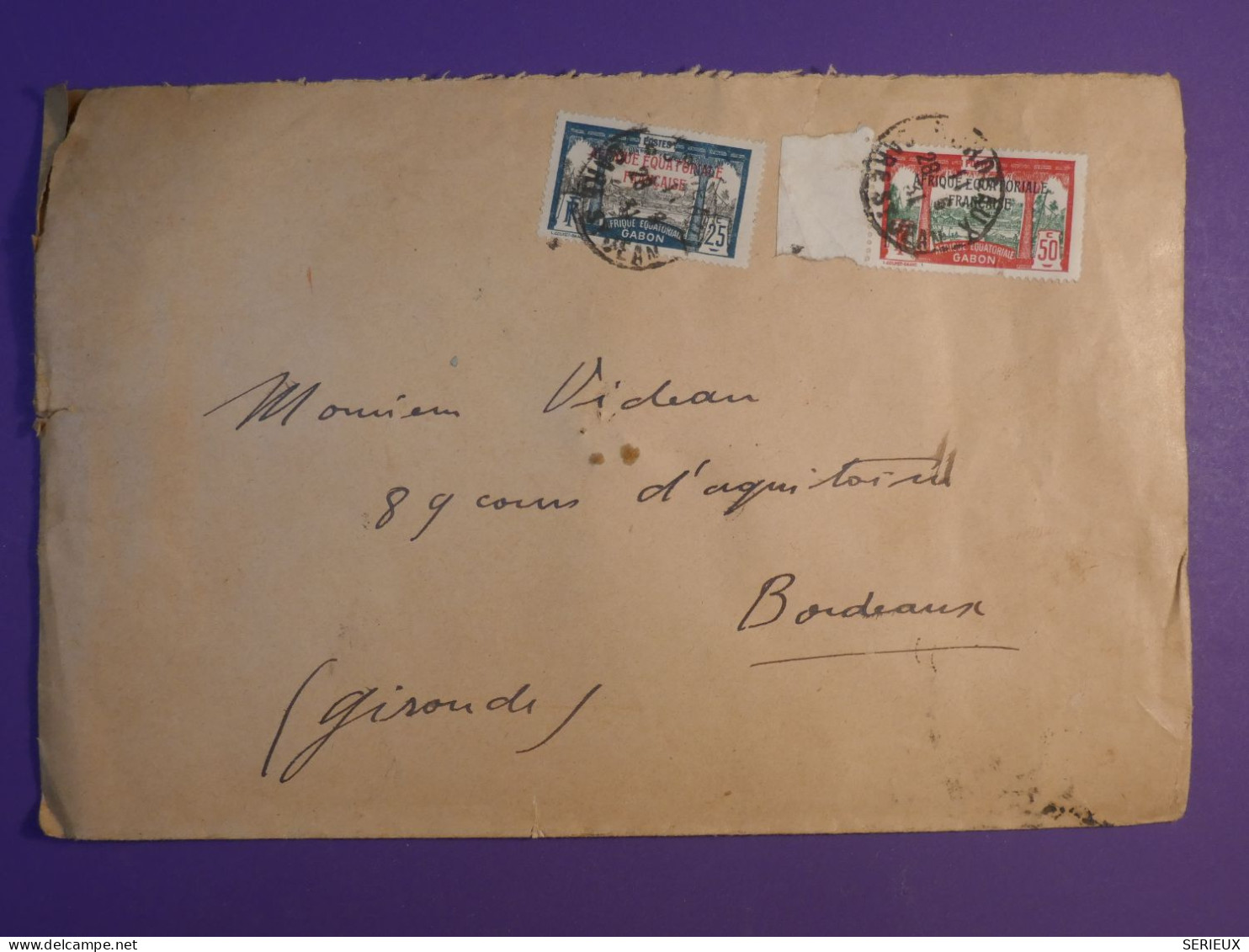 DG16 AEF GABON   BELLE  LETTRE PURE ARCHIVE 1931 LIBREVILLE A BORDEAUX+BORD +CACHET CIRE ROUGE +AFF. INTERESSANT+++ - Storia Postale