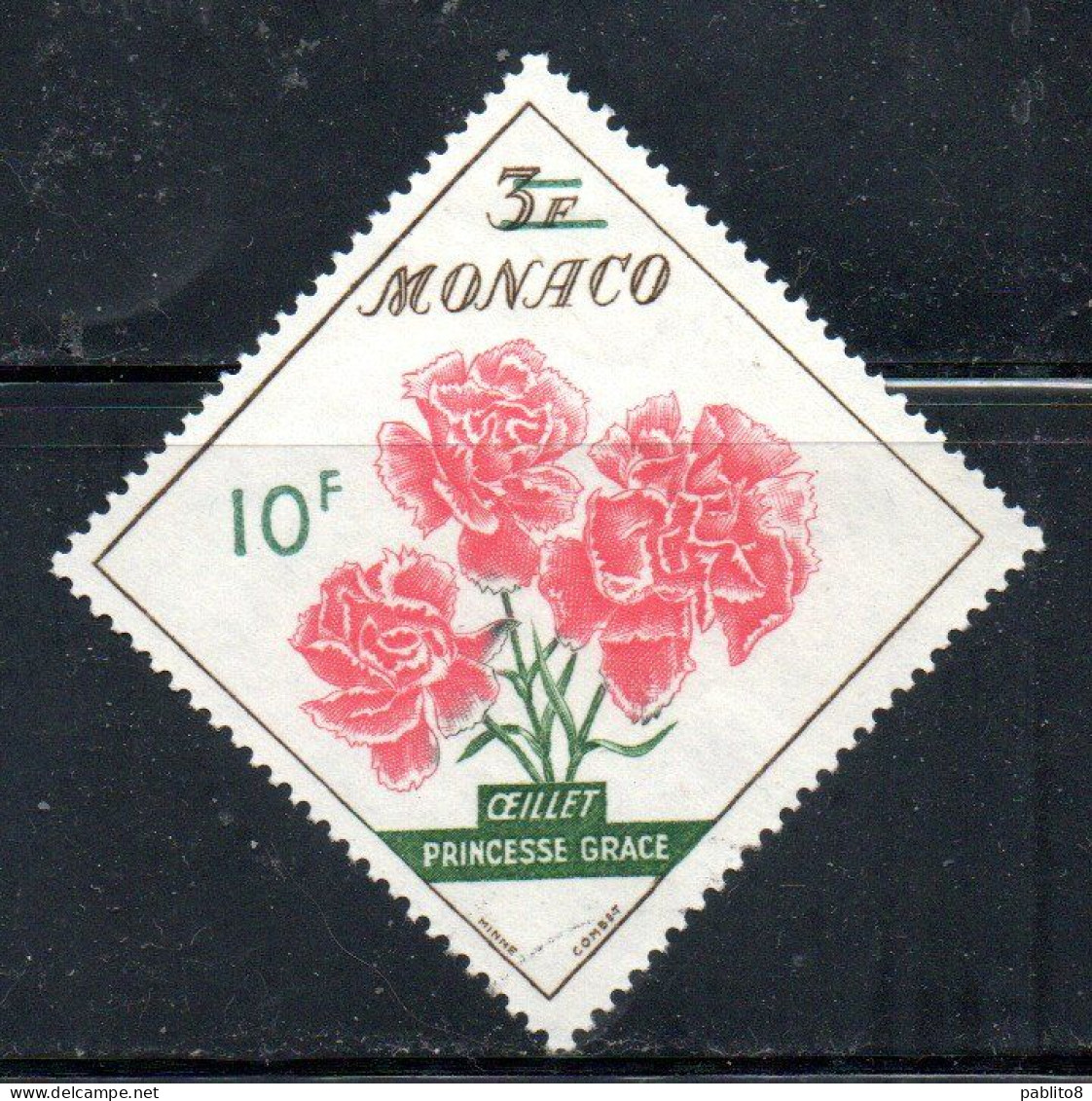 MONACO 1959 FLORA FLORE FLOWERS AND PLANTS FLEURS PRINCESS GRACE CARNATIONS 10 On 3fr USED USATO OBLITERE' - Used Stamps