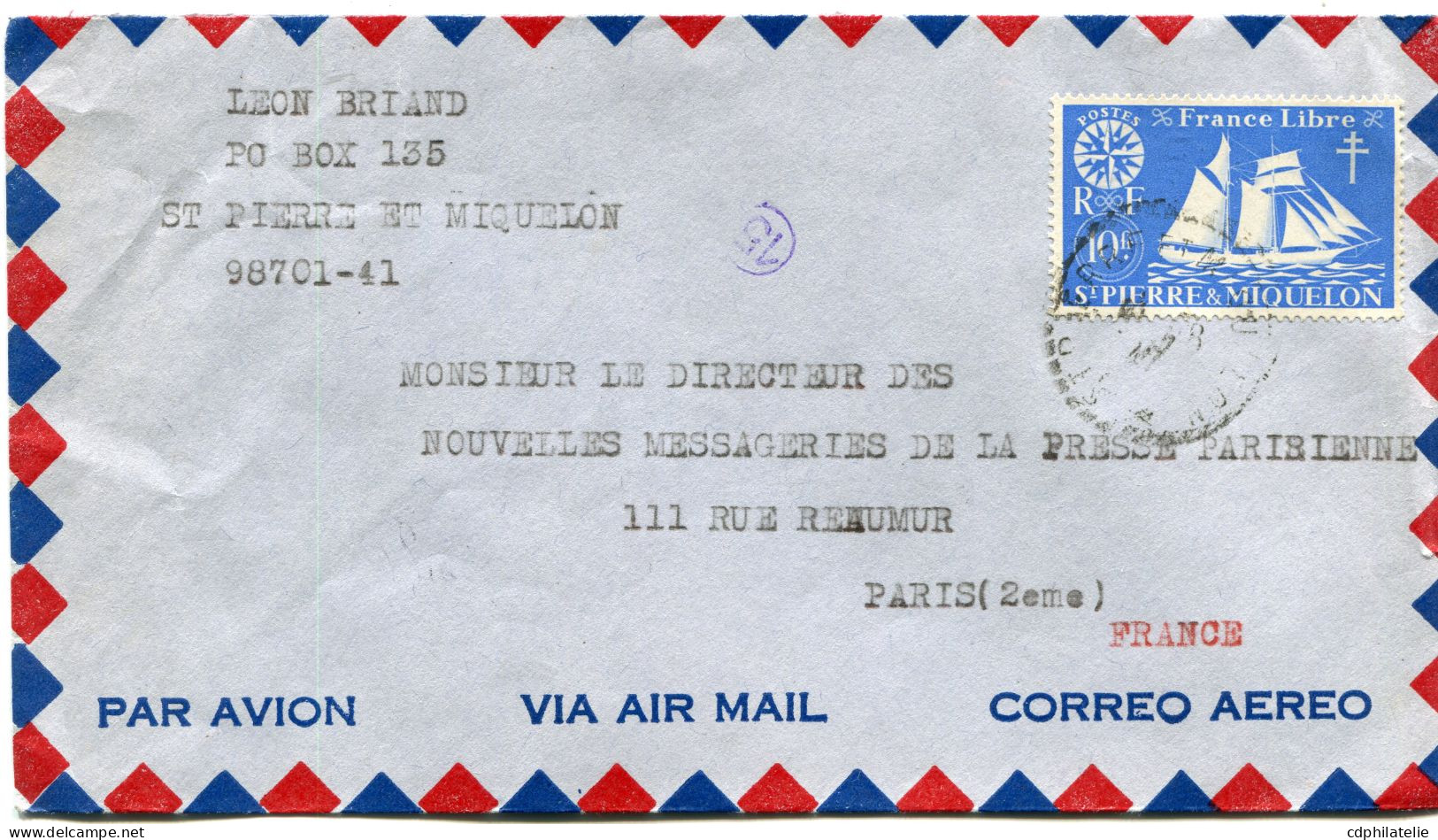 SAINT-PIERRE-ET-MIQUELON LETTRE PAR AVION DEPART ST PIERRE ET MIQUELON ?-?-(47) POUR LA FRANCE - Lettres & Documents