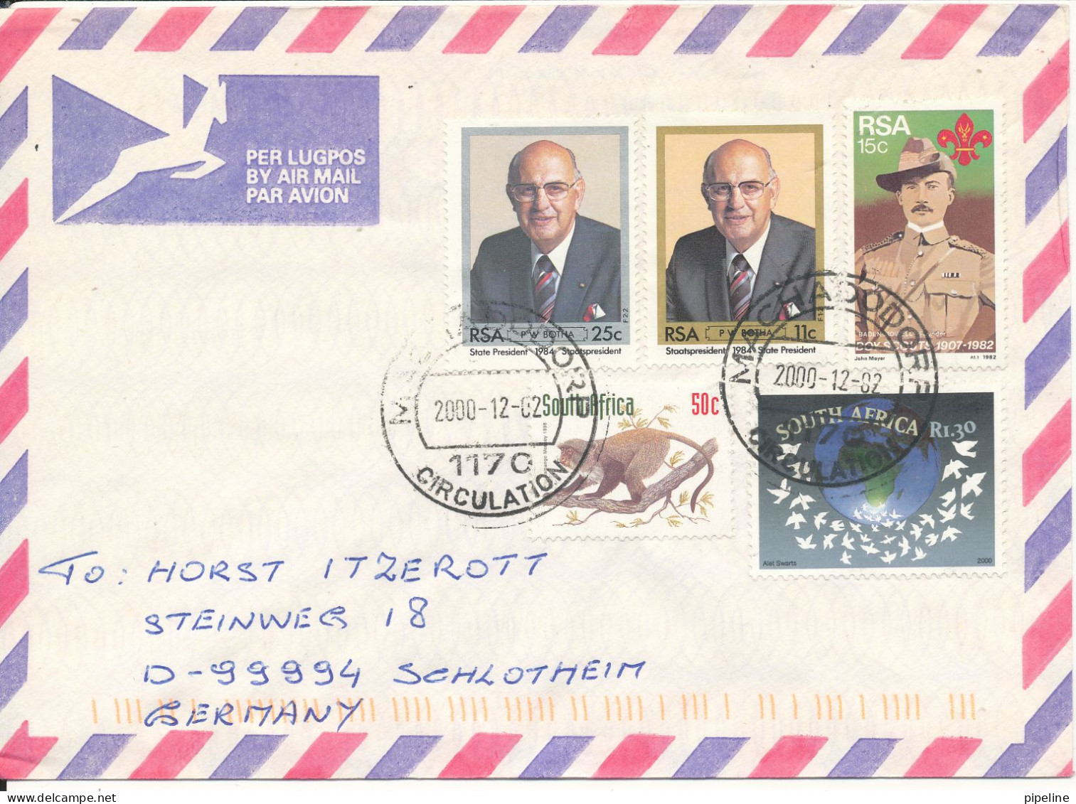 South Africa RSA Air Mail Cover Sent To Germany 2-12-2000 With Topic Stamps - Aéreo