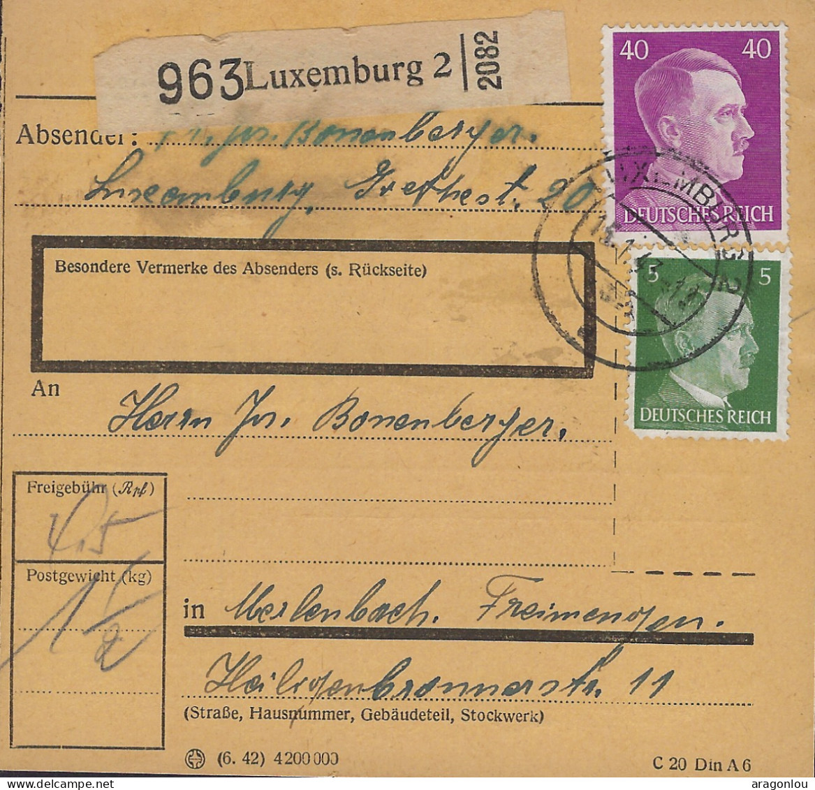 Luxembourg - Luxemburg  -  POSTPACKETE   1943   An Herrn Jos Bohnenberger - 1940-1944 Ocupación Alemana