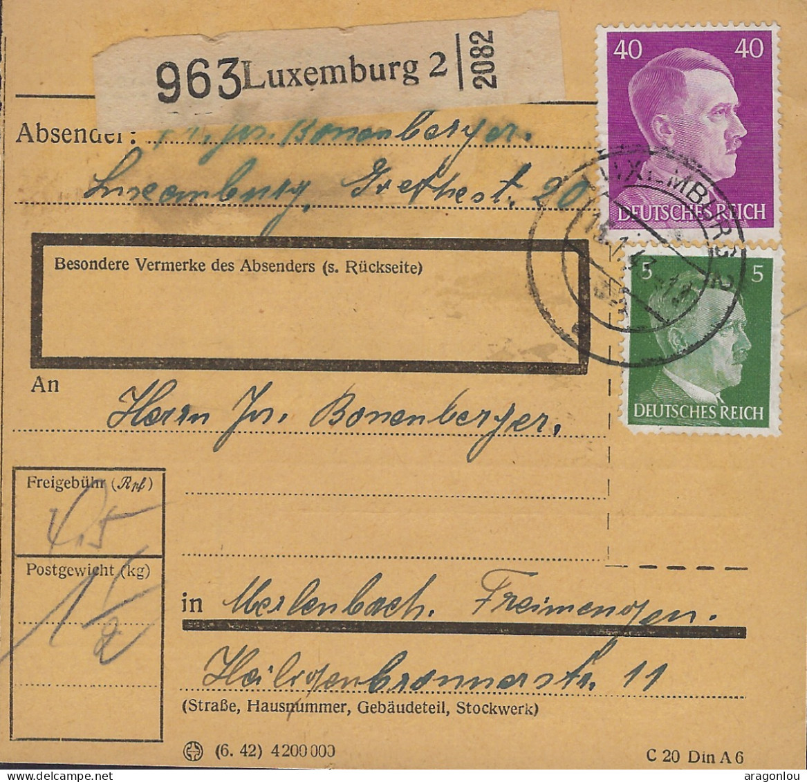 Luxembourg - Luxemburg  -  POSTPACKETE   1943   An Herrn Jos Bohnenberger - 1940-1944 German Occupation