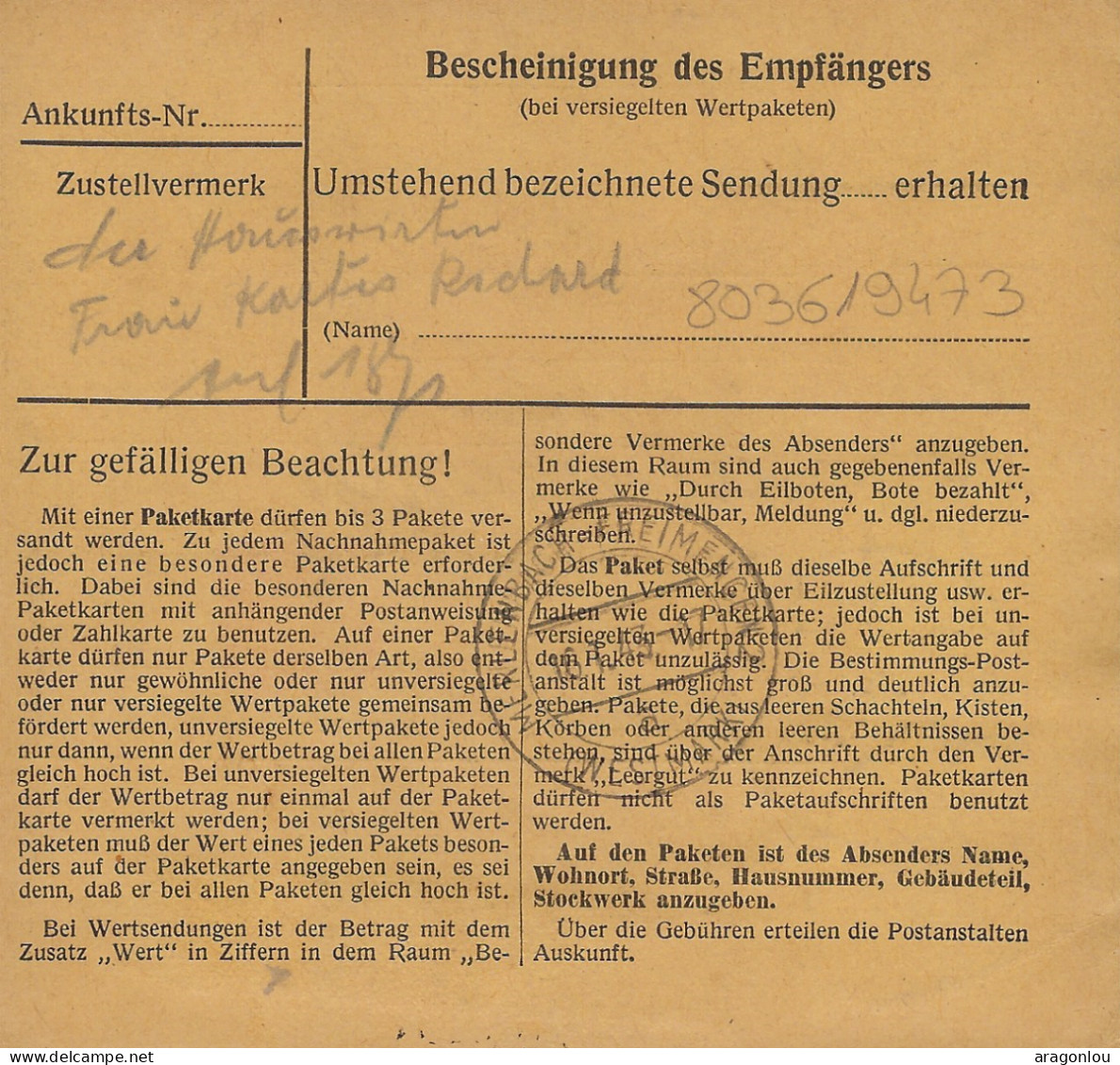 Luxembourg - Luxemburg  -  POSTPACKETE   1943   An Herrn Jos Bohnenberger - 1940-1944 German Occupation