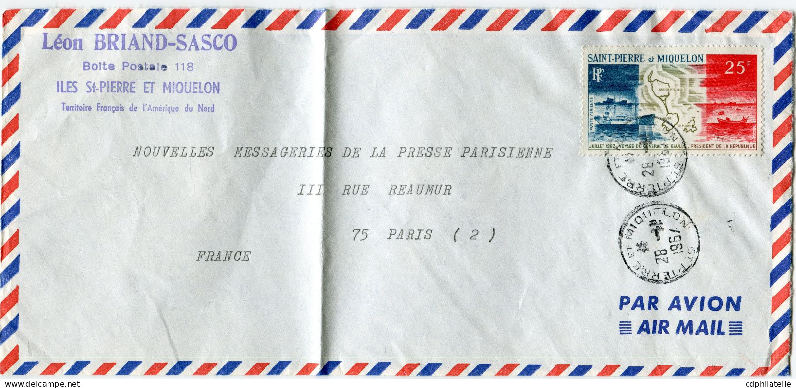 SAINT-PIERRE-ET-MIQUELON LETTRE PAR AVION DEPART ST PIERRE ET MIQUELON 28-11-1957 POUR LA FRANCE - Lettres & Documents