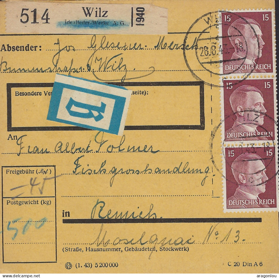 Luxembourg - Luxemburg  -  OCCUPATION   POSTPACKETE   1943    An Frau Albert Folmer , Fischgrosshandlung , Remich - 1940-1944 German Occupation