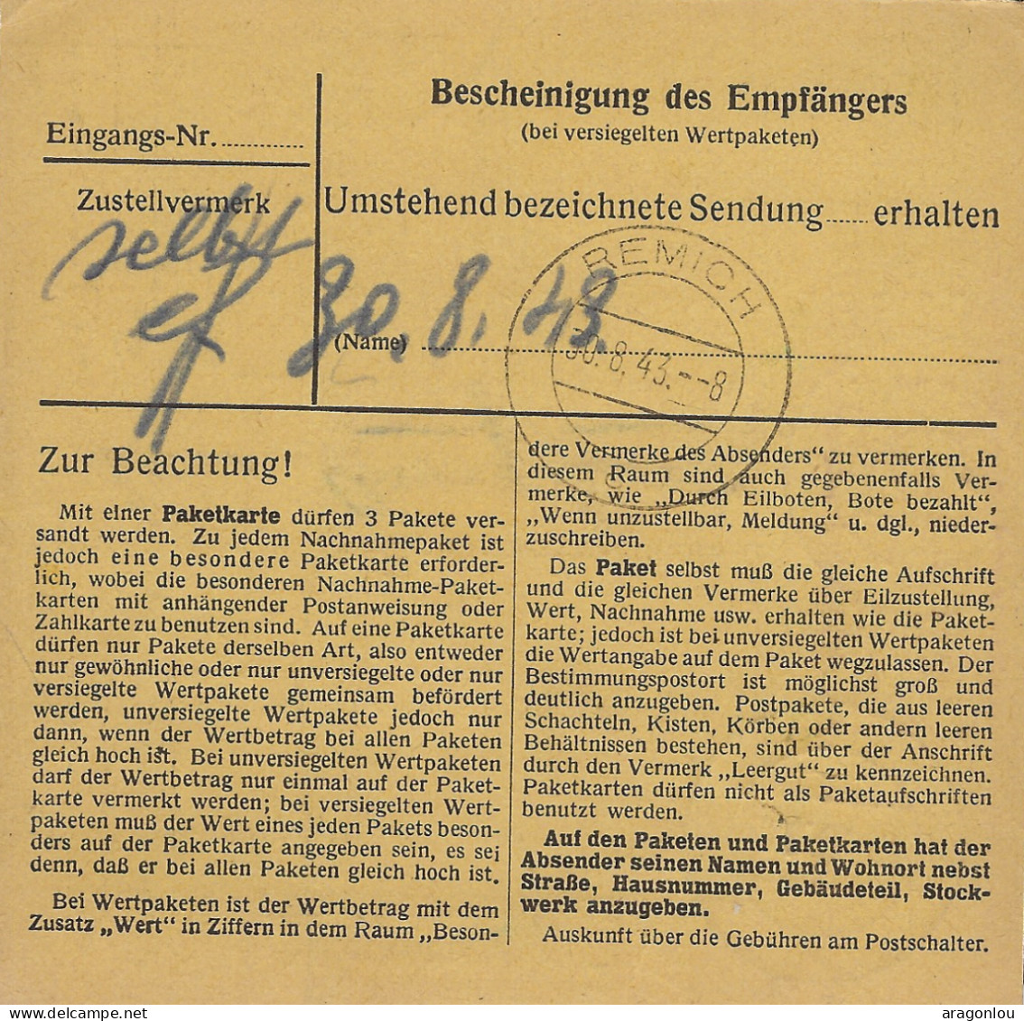 Luxembourg - Luxemburg  -  OCCUPATION   POSTPACKETE   1943    An Frau Albert Folmer , Fischgrosshandlung , Remich - 1940-1944 German Occupation