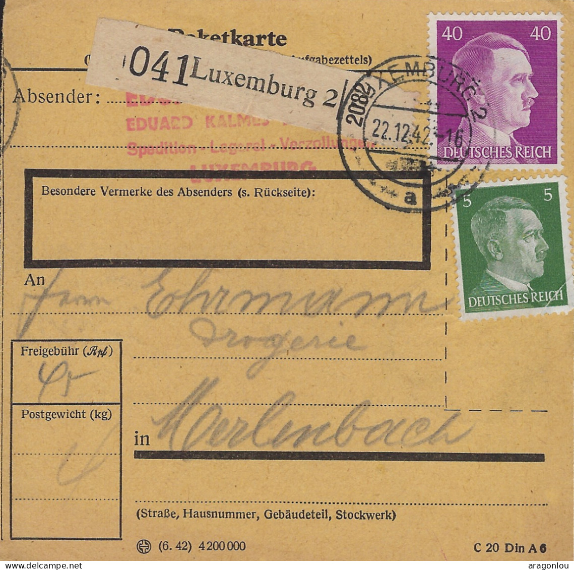 Luxembourg - Luxemburg  -  OCCUPATION   POSTPACKETE   1942    An Herrn Ehrmann , Drogerie - 1940-1944 German Occupation