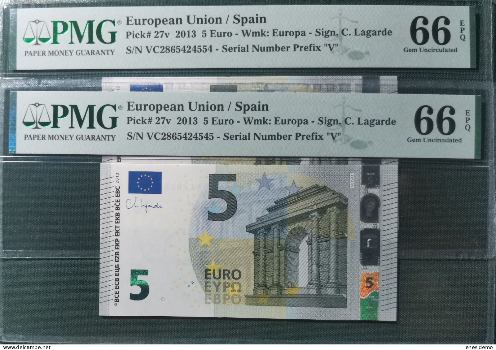 5 EURO SPAIN 2013 LAGARDE V015A1 VC CORRELATIVE COUPLE RADAR 2 SC FDS UNC. PMG 66 / 66 EPQ PERFECT - 5 Euro