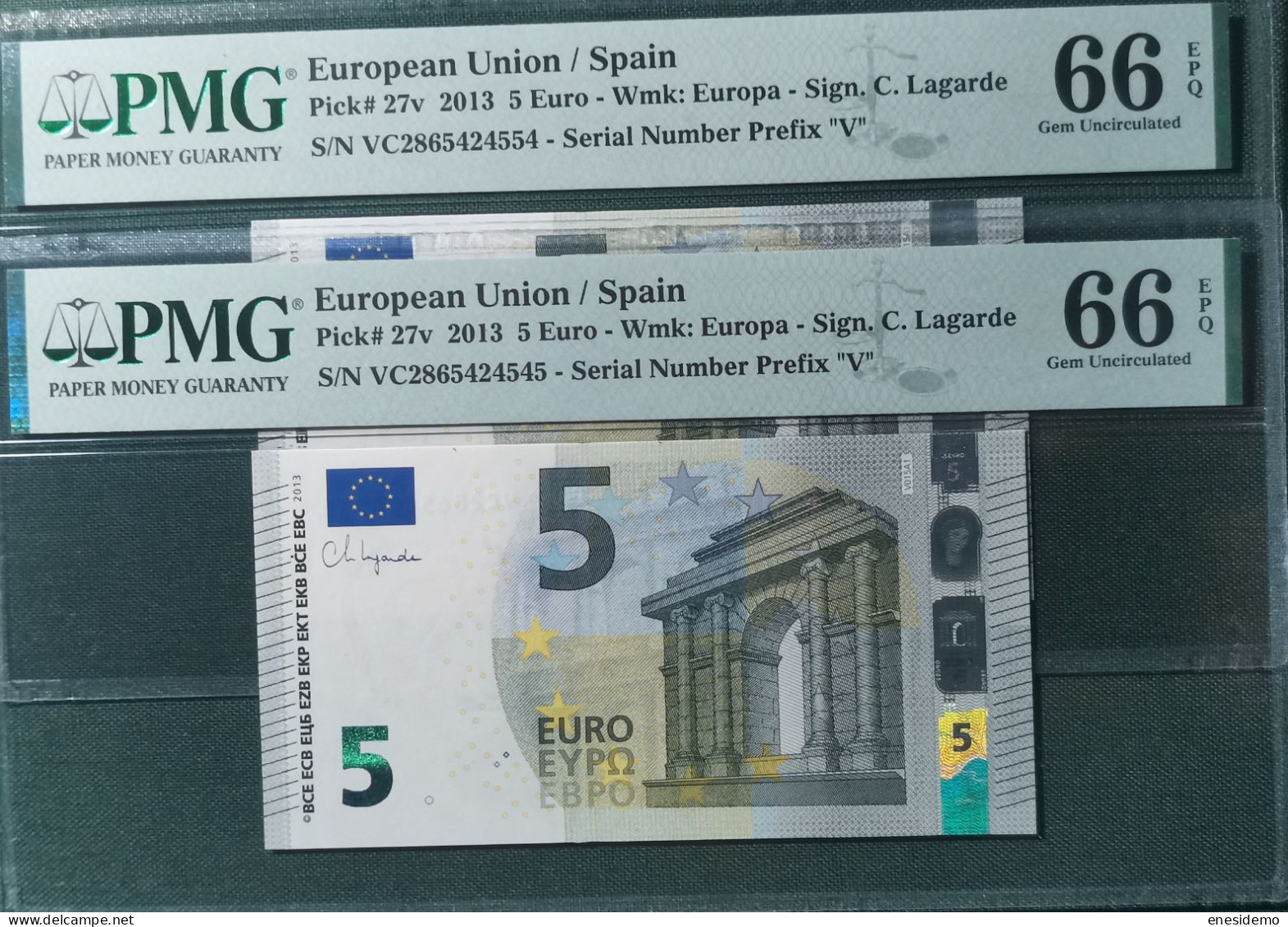 5 EURO SPAIN 2013 LAGARDE V015A1 VC CORRELATIVE COUPLE RADAR 2 SC FDS UNC. PMG 66 / 66 EPQ PERFECT - 5 Euro