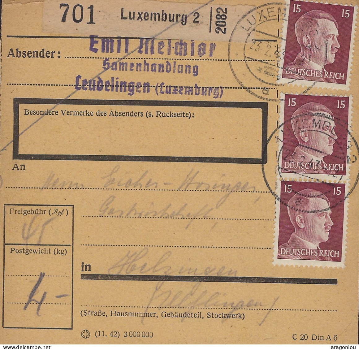 Luxembourg - Luxemburg  -  OCCUPATION   POSTPACKETE   1943    An Herrn  Eicher - Hosinger , Gastwirtschaft - 1940-1944 Occupation Allemande