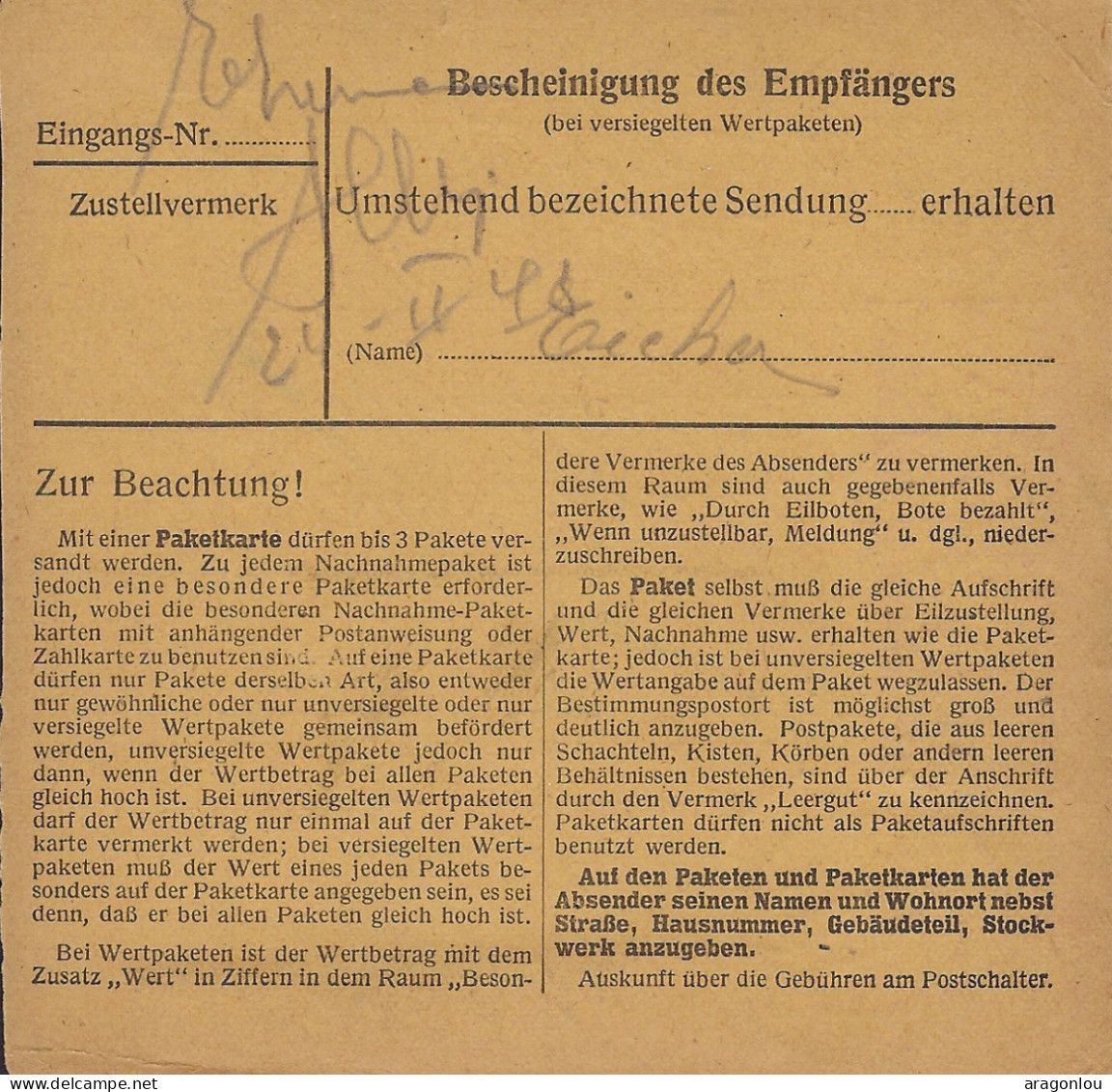Luxembourg - Luxemburg  -  OCCUPATION   POSTPACKETE   1943    An Herrn  Eicher - Hosinger , Gastwirtschaft - 1940-1944 Deutsche Besatzung