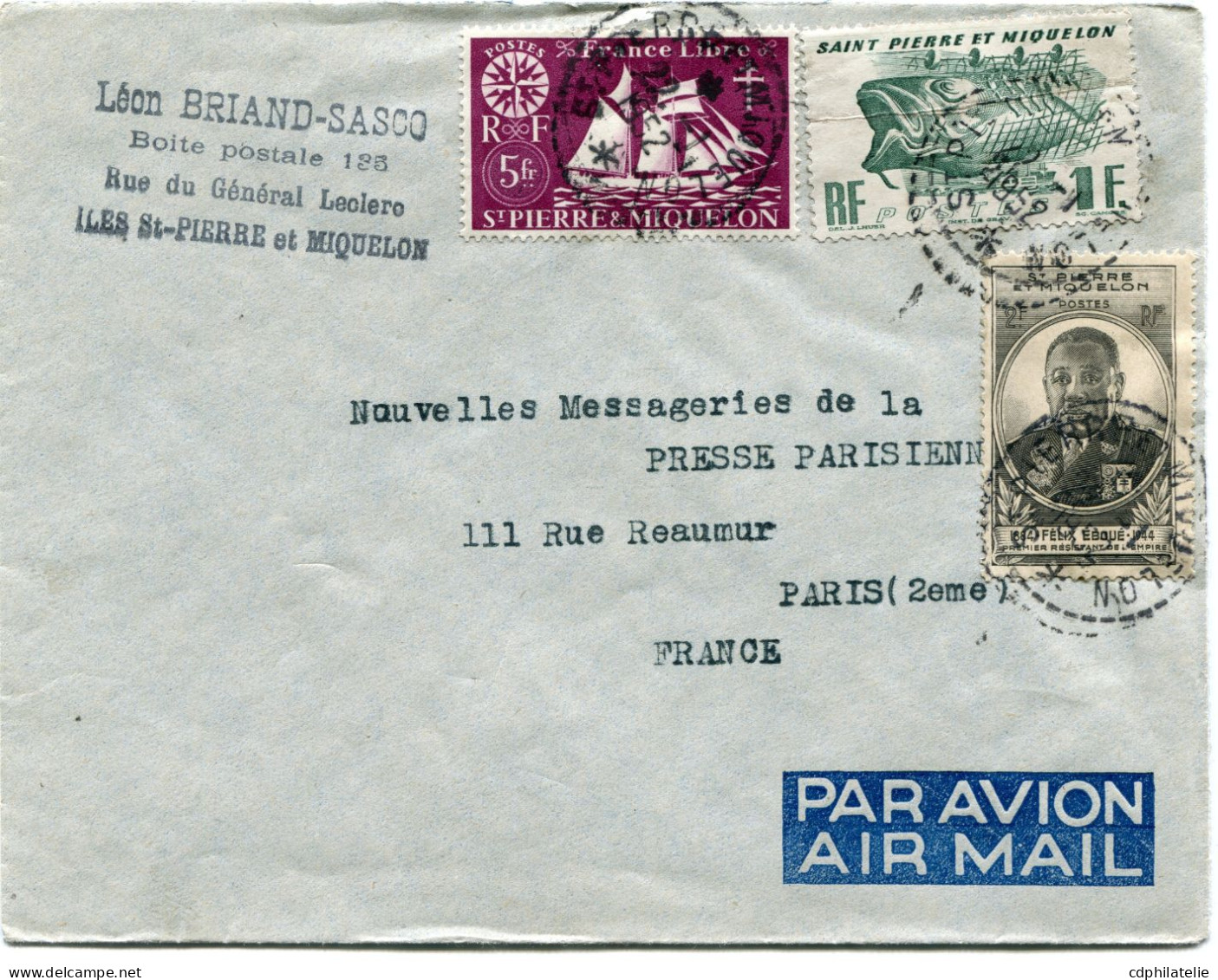 SAINT-PIERRE-ET-MIQUELON LETTRE PAR AVION DEPART ST PIERRE ET MIQUELON 22-1-1952 POUR LA FRANCE - Brieven En Documenten