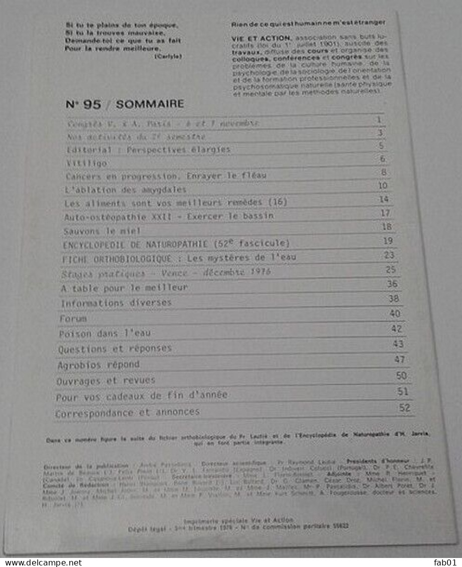 Naturopathie: Vie Et Action ( 1976 -vitiligo,cancers,amygdales,le Miel,aliments). - Médecine & Santé