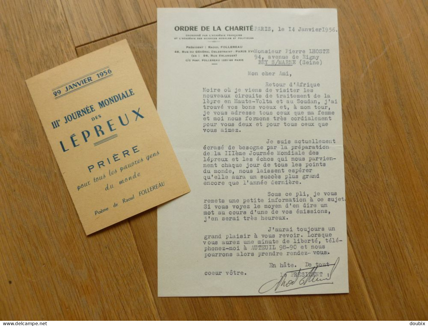 Raoul FOLLEREAU (1903-1977) Ecrivain. FONDATION. Lèpre. AUTOGRAPHE - Personnages Historiques
