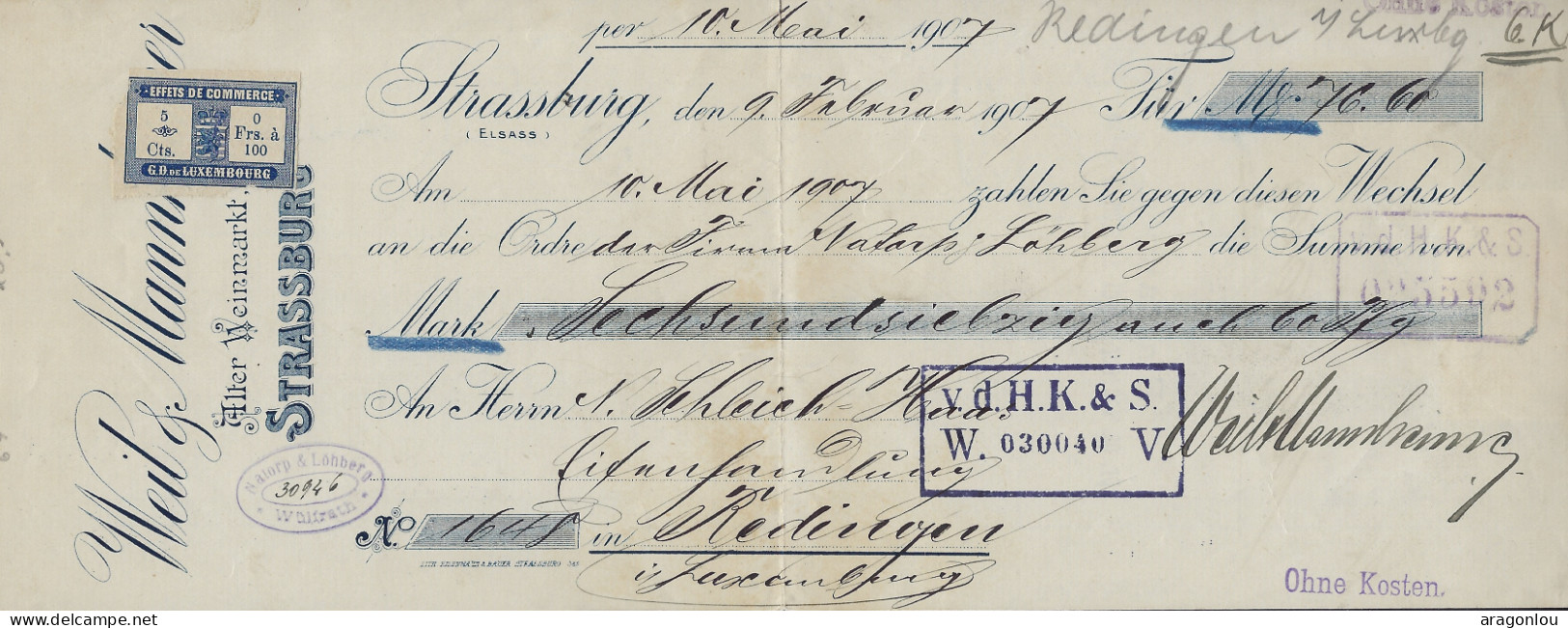 Luxembourg - Luxemburg  -  WECHSEL 1907  An Den Notar , Sölberg  Von 76,60 Mark - Luxembourg