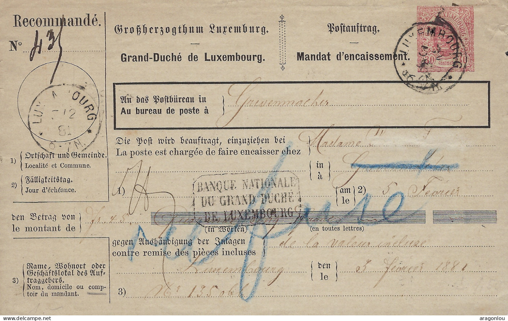 Luxembourg - Luxemburg  -  Mandat D'Encaissement   -  1881  Au Bureau De La Poste Grevenmacher - Luxemburgo