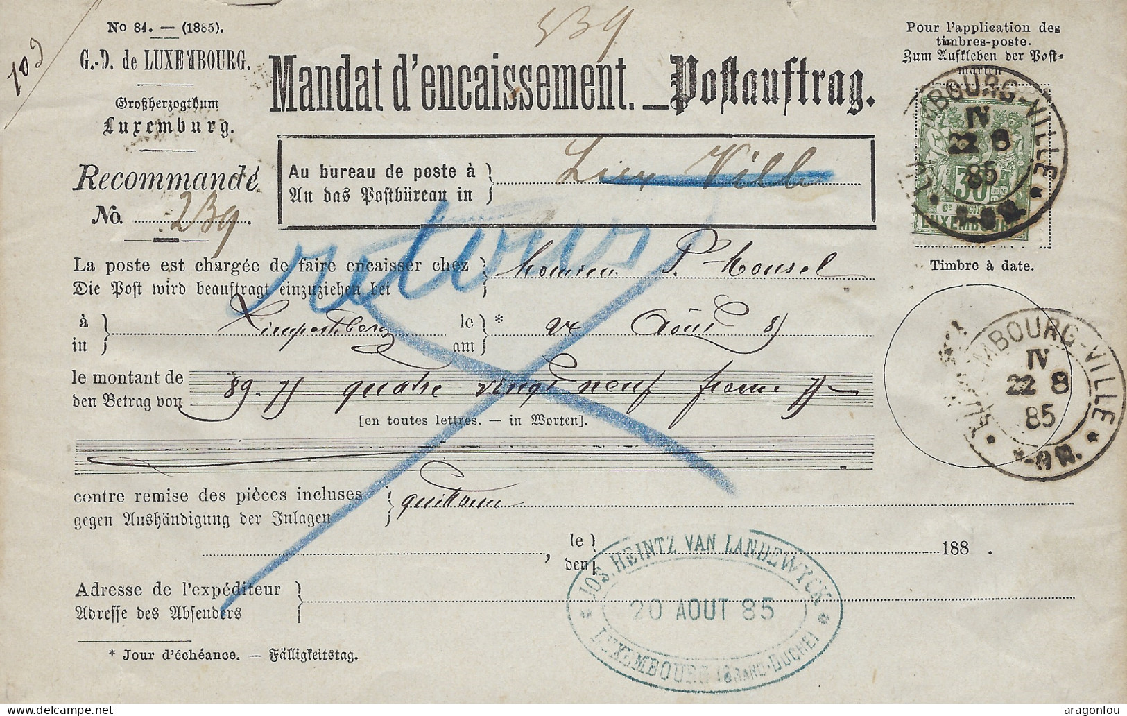 Luxembourg - Luxemburg  -  Mandat D'Encaissement    -  1885  Au Bureau De La Poste Limpersberg - Luxembourg