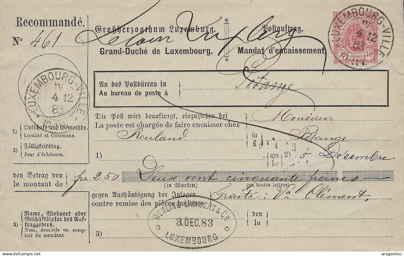 Luxembourg - Luxemburg  -  Mandat D'Encaissement   -  1883  Au Bureau De La Poste  Pétange - Lussemburgo