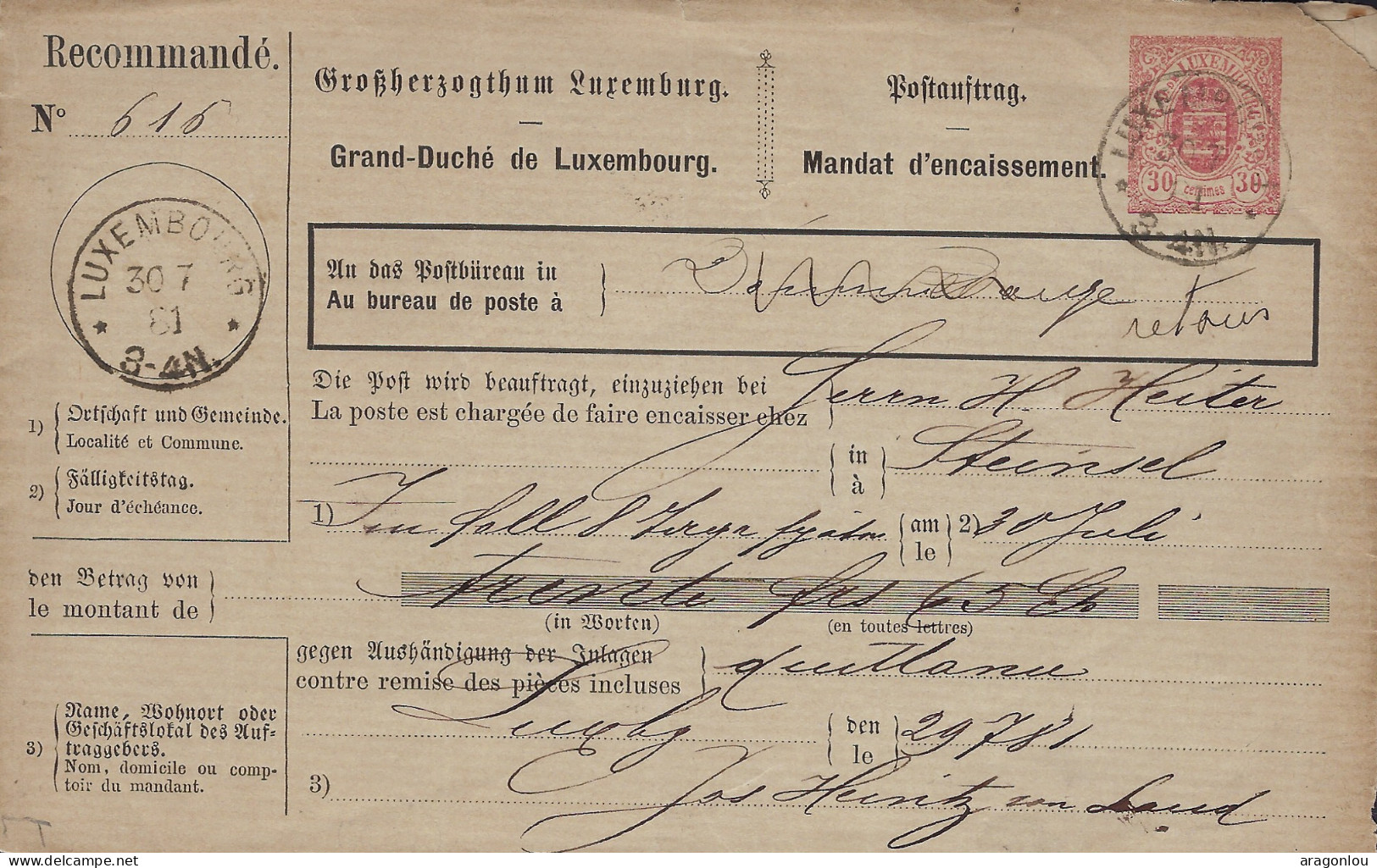 Luxembourg - Luxemburg  -  Mandat D'Encaissement   -  1881  Au Bureau De La Poste  Steinsel - Luxembourg