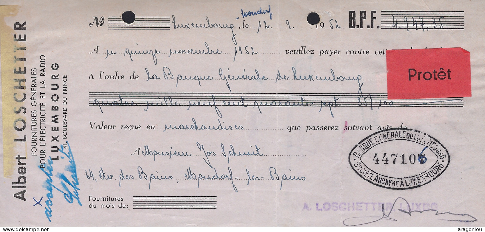 Luxembourg - Luxemburg  -   Cheque 1952   Monsieur Jos Schmit , Rue Des Bains , Mondorf-les-Bains - Luxemburgo